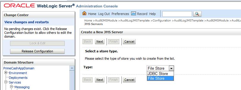 Step 3 : Create Persistent Store for each JMS Servers by choosing