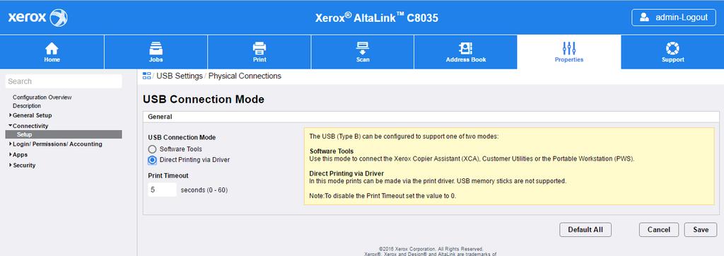 For AirPrint support via IPP USB, the AltaLink device must have the Type B USB port configured for Direct Printing. Note: The default USB Connection Mode is Software Tools.