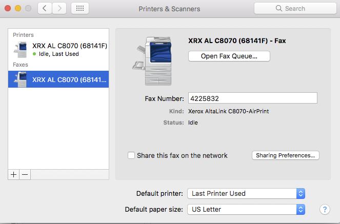 Note: macos adds a designation - Fax to identify the Fax