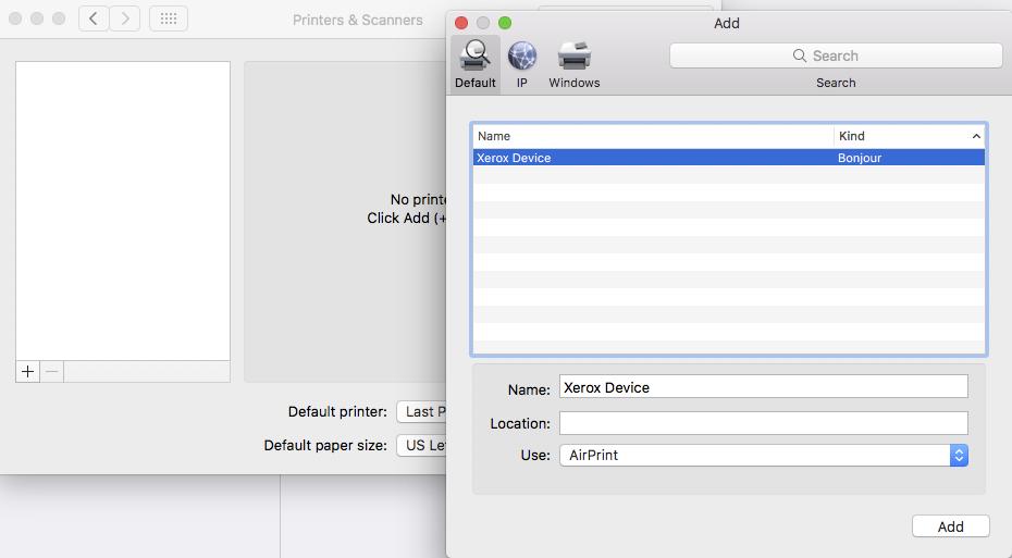 macos Clients The macos client allows users to remotely identify an AirPrint printer selected during printer installation. 1. Add a Printer to the macos client. 2.