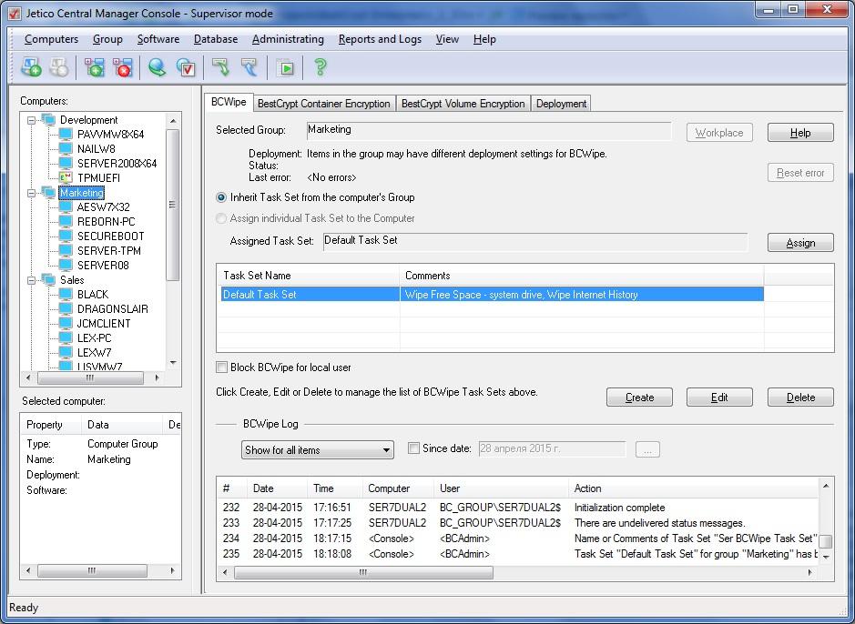 Central Management of BCWipe After BCWipe deployment on remote computers the administrator of Jetico Central Manager can do the following to manage BCWipe on the computers: Create BCWipe Task Sets.