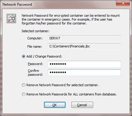 The password administrator enters in the dialog window is called Network password, because when later the user (or administrator) enters this password to mount container file on client computer,