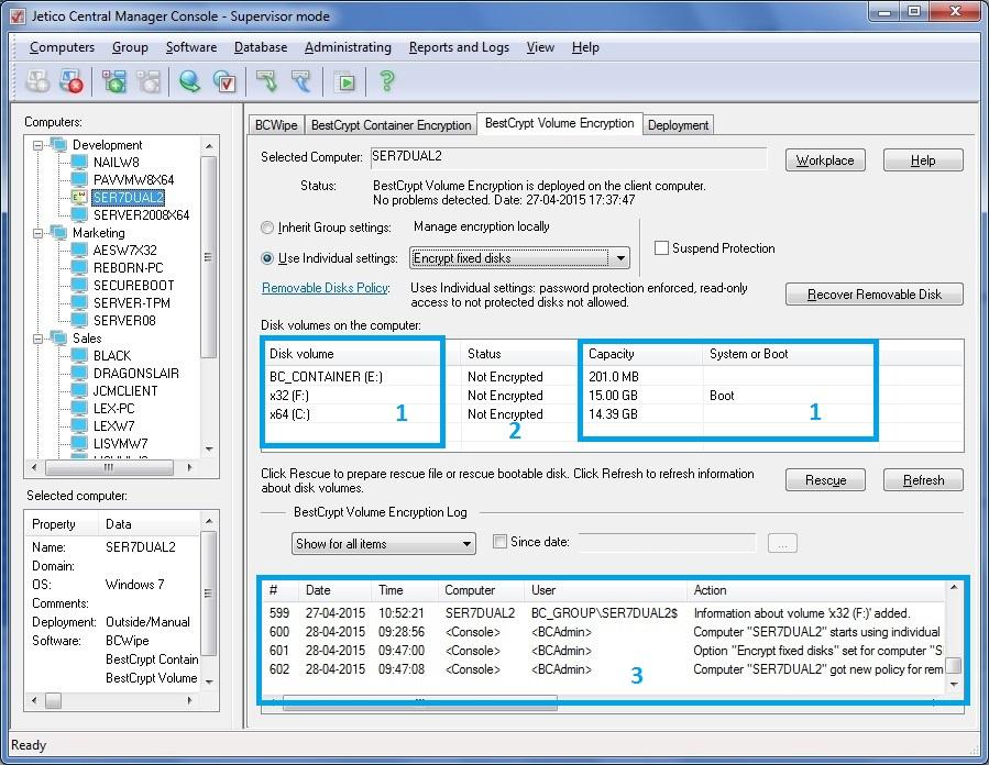 Central Management of BestCrypt Volume Encryption After deployment of BestCrypt Volume Encryption (BCVE) on remote computers administrator can manage BCVE on client computers through BestCrypt Volume