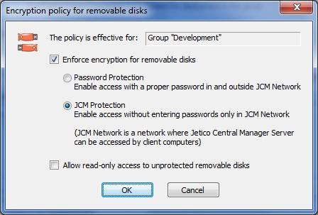 Removable Disks Protection Jetico Central Manager (JCM) allows Administrator to control and manage encryption policies for removable devices (e.g. USB sticks, USB external drives, SD memory cards) being used on client computers.