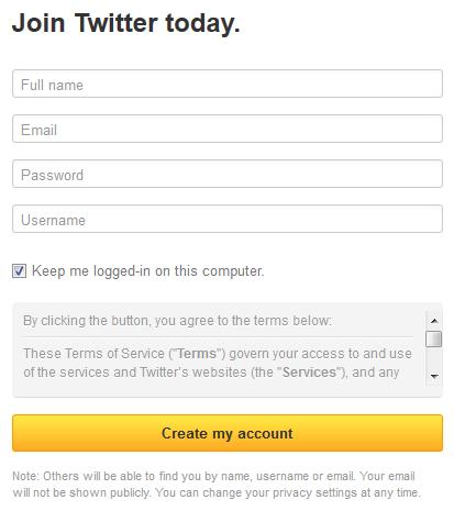 Hands-On Getting an account 1. Go to https://twitter.com/signup. 2. Enter your full name, email address, create a password 3. Choose a username a.
