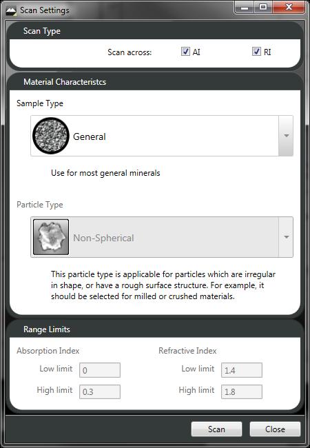 Doing this will cause a Scan Settings Dialogue to appear where the following can be selected: Scan Type: select to scan the values for either the Absorption Index (AI) or Refractive Index (RI) or