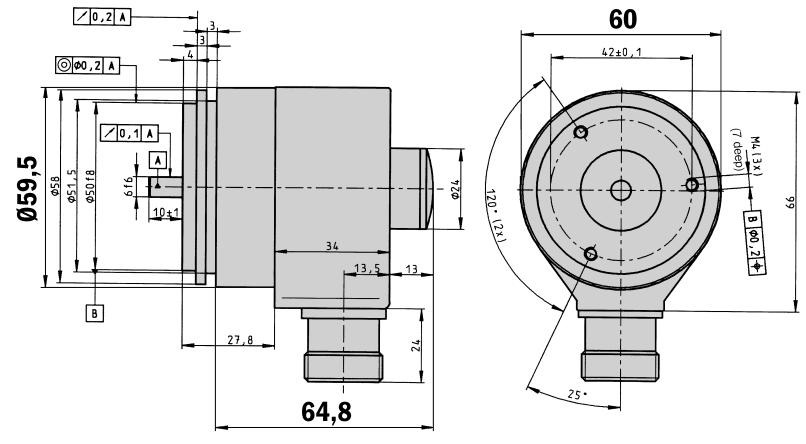 ATM 60 SSI servo flange Dimensional drawing servo flange, connector radial Extremely robust SSI and RS 422 configuration interface Electronically adjustable,