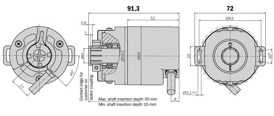 ATM 60 SSI blind hollow shaft Dimensional drawing blind hollow shaft, connector radial Extremely robust SSI and RS 422 configuration interface Electronically