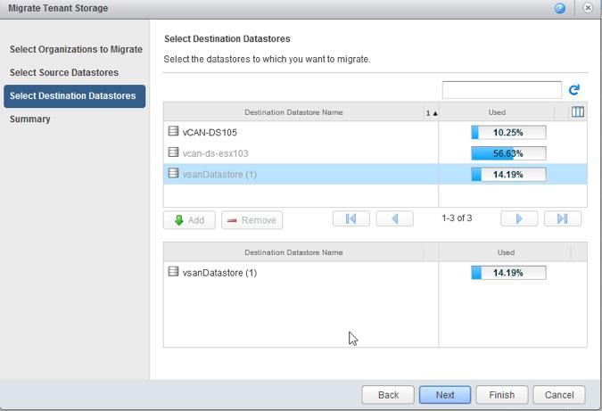 Figure 11 Select Source and Destination Datastores to Migrate Tenant data
