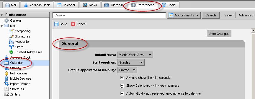 In the General section, users select how they want to display their work week view.