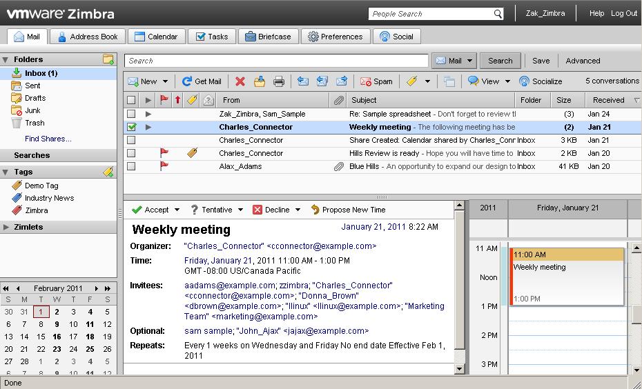 Calendar. When a meeting invitation is received in ZWC s mail, users can quickly see that it is a meeting request.