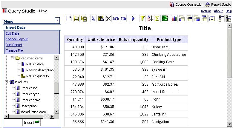 Tip: To start Query Studio and other tools from Cognos Connection, use the links in the upper right of the screen. A blank report appears. The query items you can use are listed in the left pane. 4.