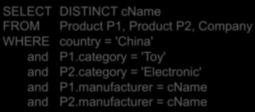 In Class Product (pname, price, category, manufacturer) Company (cname, stockprice, country) Q: Find all Chinese companies that manufacture products both in the Toy and Electronic categories.