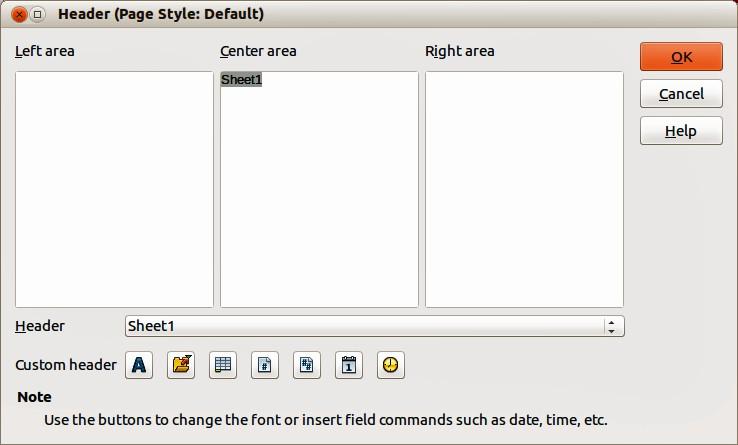 2) Open the Page Style dialog (Figure 12), then select Header on or Footer on and the options for the header or footer. See Setting headers and footers above for more information.