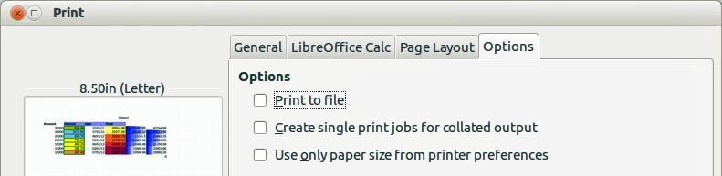 LibreOffice Calc page On LibreOffice Calc page of the Print dialog (Figure 2), you can select whether or not to include the output of empty pages when you print your spreadsheet. Figure 2.