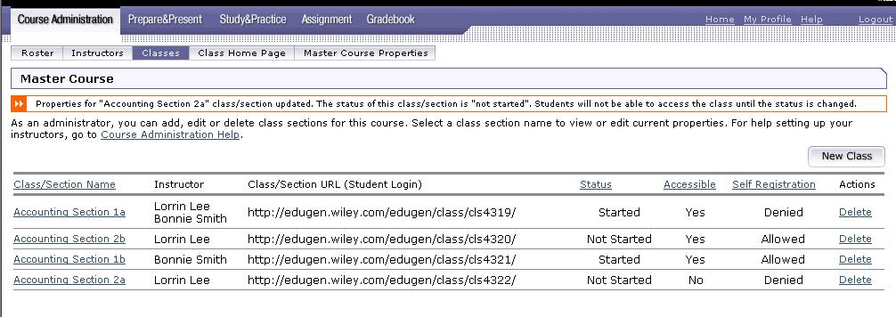 Click here to add a class. Figure 11. The Master Course Page. Adding New Classes You can add new class sections to the Master Course by entering them one at a time. 1. Click the Classes tab at the top of the Course Administration section.