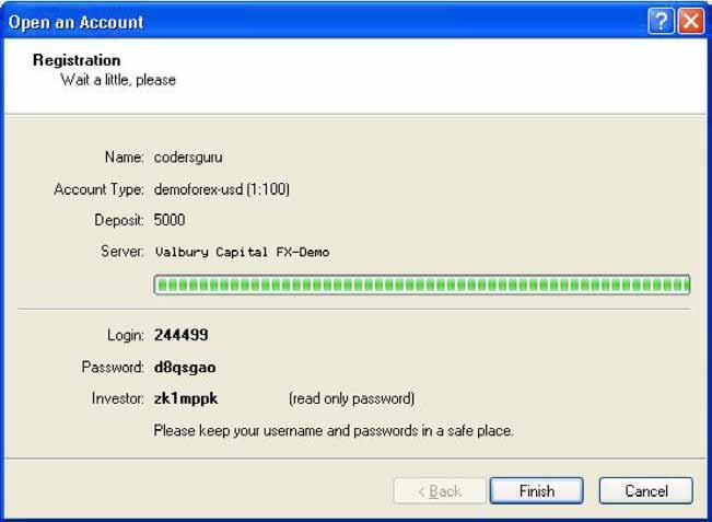 Figure 11- Opening an account You will be asked to wait a few seconds before receiving your account details.