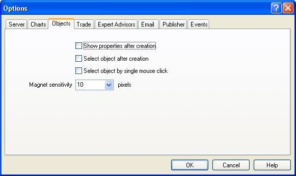 Figure 10 - Objects tab Show properties after creation option: Enabling this option prompts MetaTrader to display the object s Properties window (Figure 11)