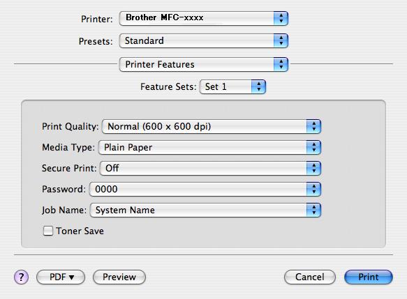 Printing and Faxing Printer Features 8 (Mac OS X 10.4.11) Feature Sets: Set 1 Print Quality You can choose the following print quality settings. Normal (600 x 600 dpi) 600 dpi class.