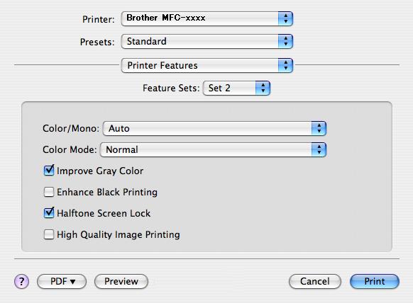 Printing and Faxing Feature Sets: Set 2 Color / Mono You can change the Color/Mono settings as follows: Auto The machine checks the content of your documents for colour.