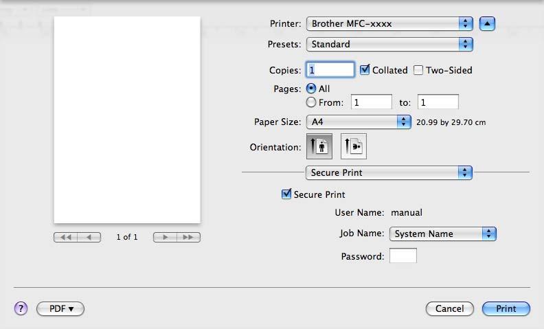 Printing and Faxing Secure Print (Mac OS X 10.5.x to 10.6.x) 8 Secure documents are documents that are password protected when they are sent to the machine.
