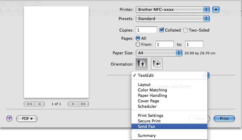 Printing and Faxing c Choose Send Fax from the pop-up menu.