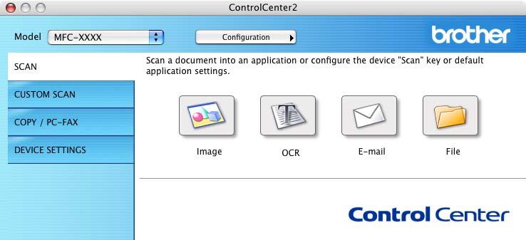 ControlCenter2 SCAN 10 There are four scan buttons for the Scan to Image, Scan to OCR, Scan to E-mail and Scan to File applications.
