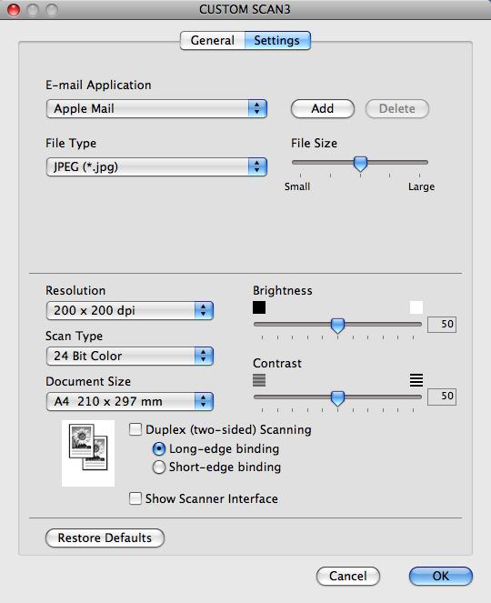 ControlCenter2 Settings tab Choose the E-mail Application, File Type, Resolution, Scan Type, Document Size, Duplex (two-sided) Scanning (For DCP-9270CDN, MFC-9465CDN and MFC-9970CDW, if necessary),