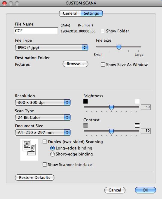 ControlCenter2 Settings tab Choose the file format from the File Type pop-up menu. Save the file to the default folder or choose your preferred folder by clicking the Browse button.