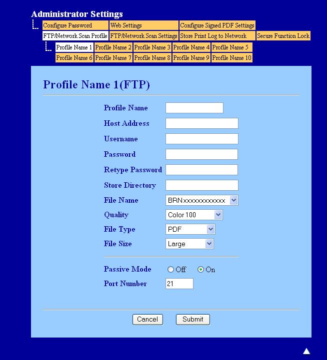 Network Scanning Configuring the FTP Default Settings 13 You can set Passive Mode to OFF or ON depending on your FTP server and network firewall configuration. By default this setting is ON.