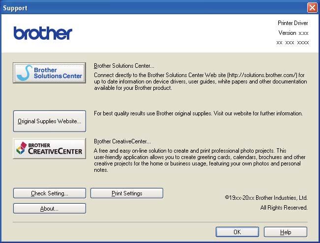 Printing Support 2 Click Support... in the Printing Preferences dialog box. 2 (1) (2) (3) (5) (6) (4) Brother Solutions Center (1) The Brother Solutions Center (http://solutions.