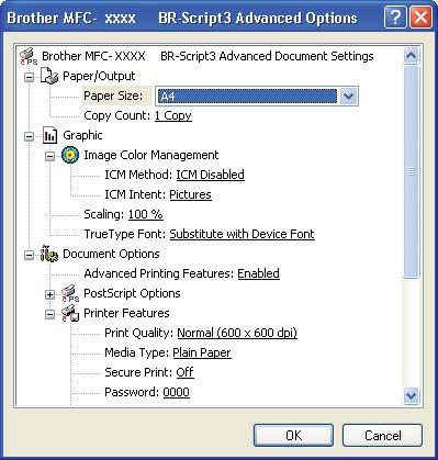 Printing Advanced options 2 You can access the Advanced options by clicking the Advanced... button on the Layout tab or Paper/Quality tab. 2 (1) (2) a Choose the Paper Size and Copy Count (1).