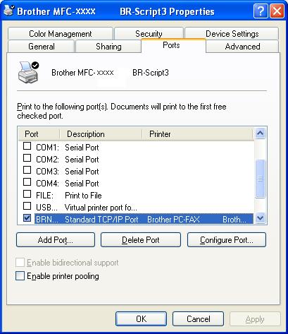 Printing Ports tab 2 If you want to change the port where your machine is connected or
