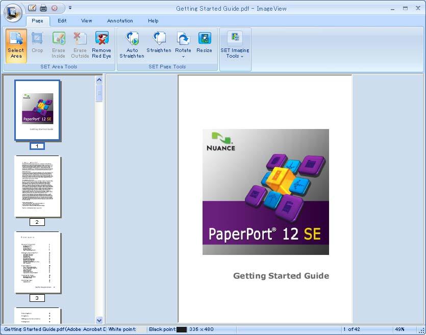 Scanning ImageView displays a close-up of a single page. You can open a PaperPort 12SE item by clicking the Open with Image View button on the Desktop ribbon.