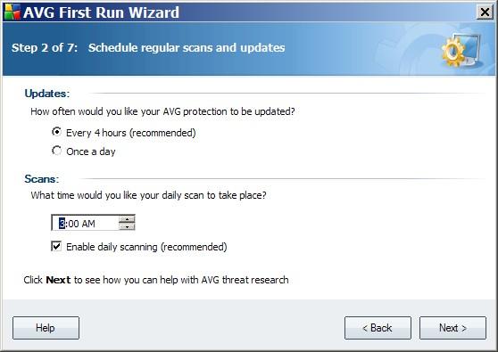 When you finish the installation, the AVG First Run Wizard will start automatically. Select downloading of updates every 4 hours or daily if you wish.
