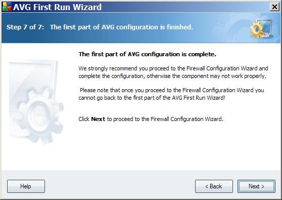 First Run Wizard Step 7 transitions to the Firewall Configuration Wizard. Click Next.