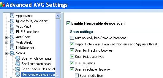 From the Advanced Settings screen shown below, select Scans, Removable device scan, and then click on Enable Removable device