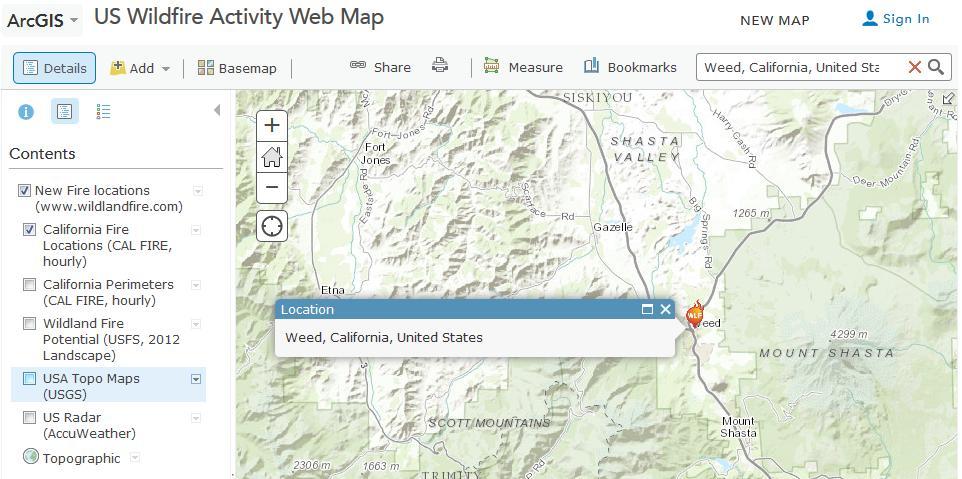 Search for Weed, California 9. To find maps and information on the Weed wildfire, use the Find option in ArcGIS Online.