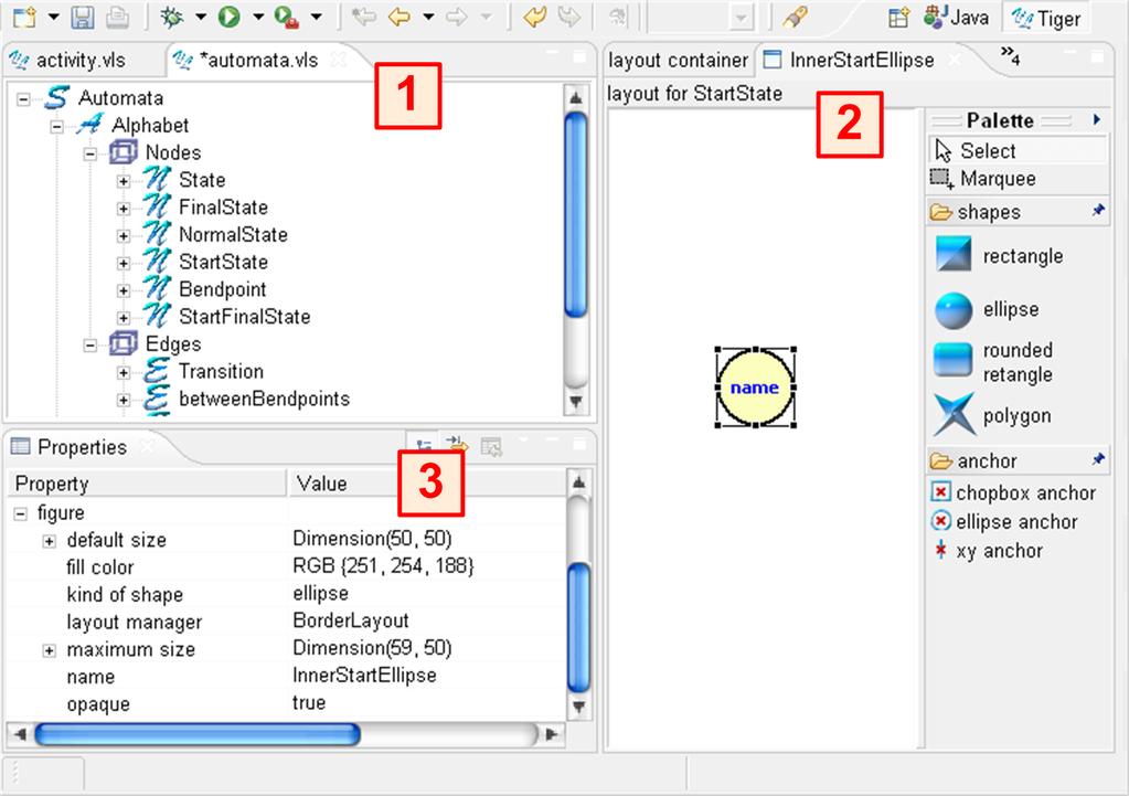 Visual Language Design using Tiger properties view ( 3 in Figure 1) allows to change values for graphical layout properties of the ellipse figure selected in the visual editor.