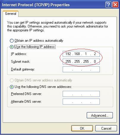 Step 4: Configure the IP address (Figure 3-4): Enter the IP address as 192.168.1.* (* is any value between 2 to 254, Subnet mask is 255.255.255.0). After that, click OK.