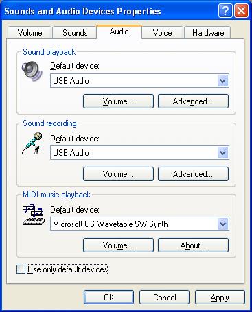 1. Click on the Audio tab 2. Under Sound Playback, select the USB Audio Device. This changes the default sound output to the USB Audio 3. Under Sound Recording, select the USB Audio Device.
