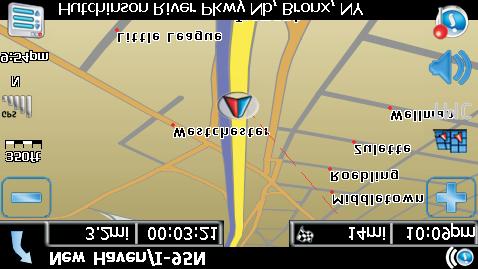 Step 3-Guide along Route Turn arrow distance to turn, time until turn Zoom out Map scale GPS status Compass heading Time Show menu