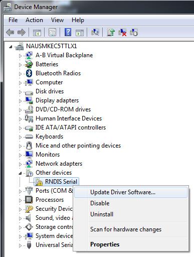 4. Right-click RNDIS Serial and select Update Driver Software. 5.