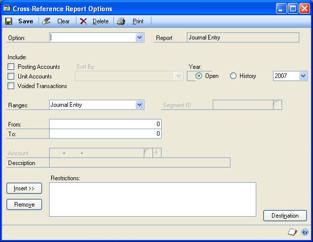 When you create the report, you can set up restrictions so that you obtain only the information you need. To print an audit trail report: 1. Open the Cross-Reference Report window.