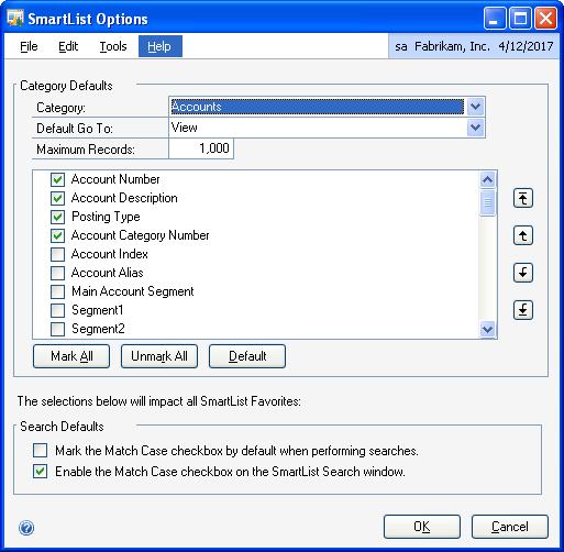 PART 4 REPORTING IN MICROSOFT DYNAMICS GP To set up SmartList options: 1. Open the SmartList Options window. (Microsoft Dynamics GP menu >> Tools >> Setup >> System >> SmartList Options) 2.