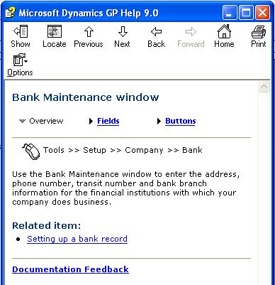 CHAPTER 1 MICROSOFT DYNAMICS GP DOCUMENTATION Using help To access help, choose Help >> About This Window or press F1.