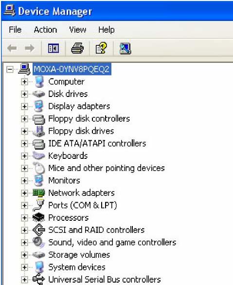 3. The Device Manager window refreshes automatically, showing that the driver and ports for the CP-118EL Series board have been removed.