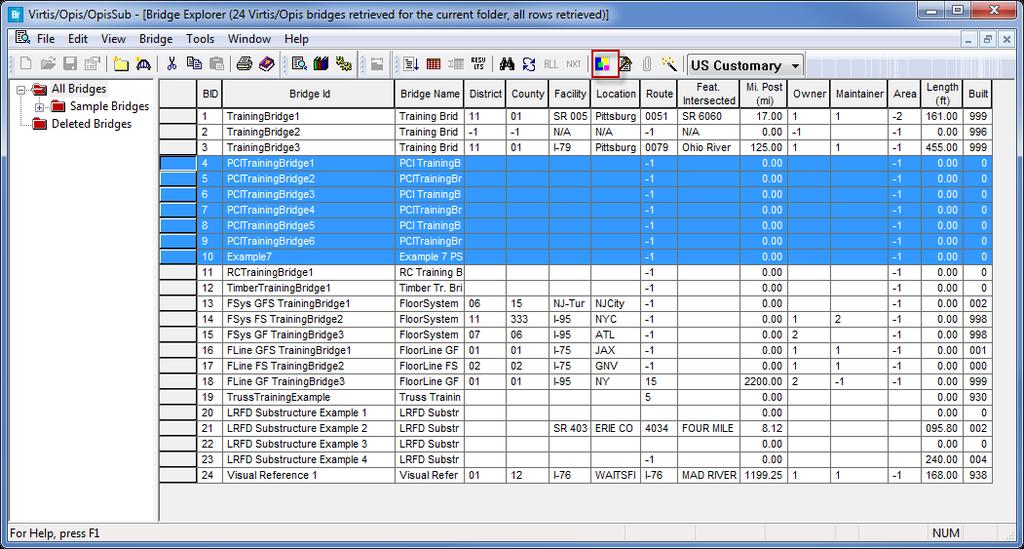 Fig 17. Bridge Explorer with PS Bridges Selected These general preferences can be applied to multiple bridges at once.