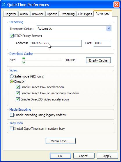 Controlling Streaming Media d. Click OK. QuickTime now proxies (in pass-through mode) through the ProxySG. These settings must match the settings configured on the appliance.