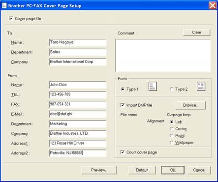 6. Brother PC-FAX Software (Not available for DCP models) Setting up a cover page 6 From the PC-FAX dialog box, click the icon to access the PC-Fax Cover Page setup screen.